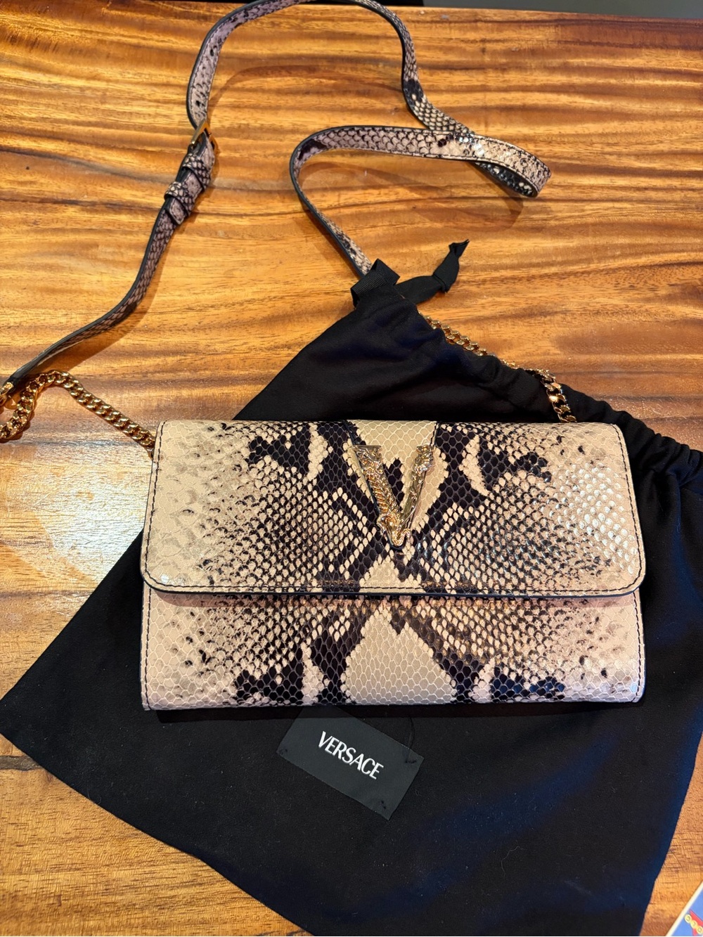 Versace Beige and Black Python-Print Crossbody Bag with Gold V